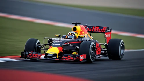 Red Bull F1 rocket leans into the curve and chews the asphalt
