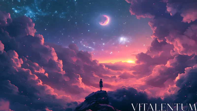 Figure on rock observing crescent moon amid dense clouds.