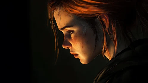 Quietly glowing profile of a thoughtful red haired girl.