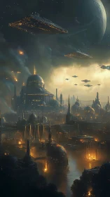 Epic orbital fleet above neo-byzantine megacity at twilight