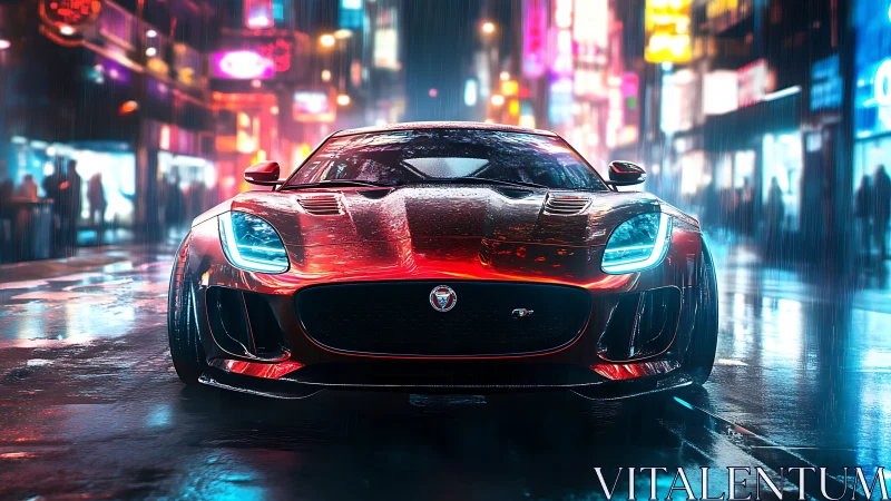 Rain-soaked red sports coupe under neon city lights at night