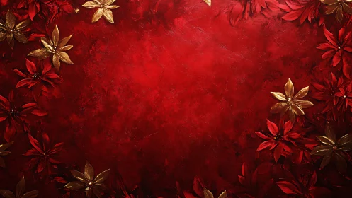 Red textured background with gold and red floral border.