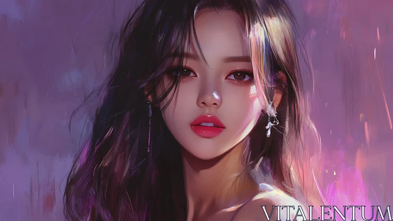 Digital portrait of woman with long hair on violet background.