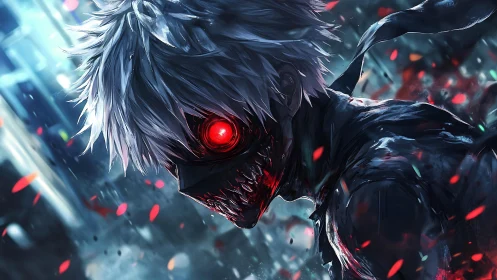 White-haired cyber ghoul with glowing red eye in motion.