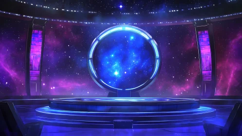 Futuristic space portal stage with glowing starfield backdrop.