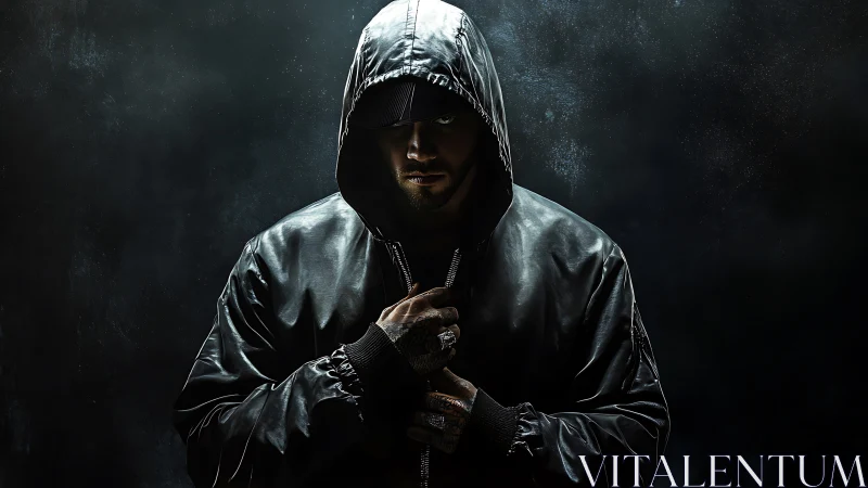 Low-key portrait isolates hooded figure in glossy black jacket