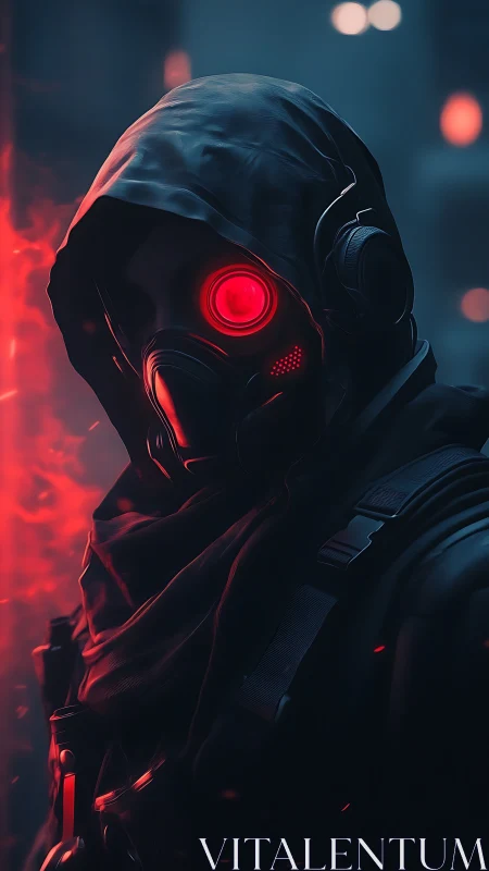 Red-eyed urban phantom stalks neon-shadowed streets at dusk.