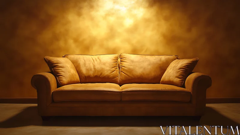 Cozy golden sofa glowing softly in a warmly lit room.