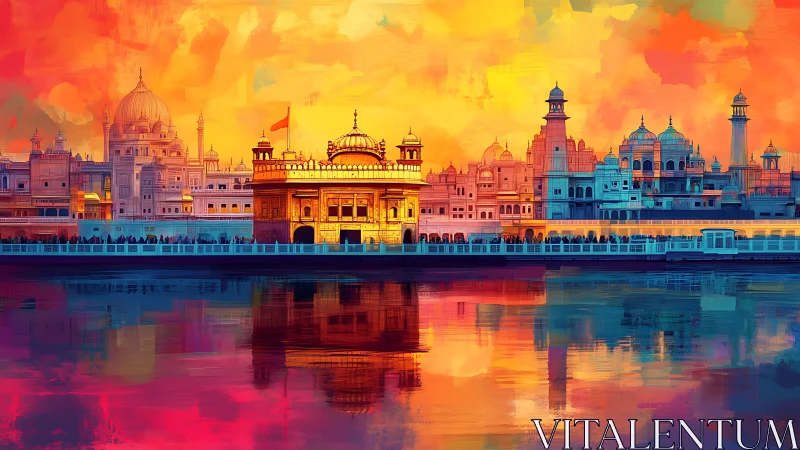 Golden Temple skyline under vivid sunset reflection.