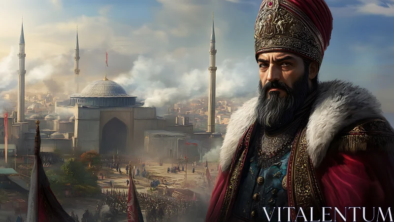 Ottoman ruler in ornate regalia dominates historic cityscape