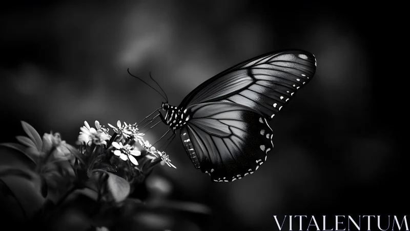 Monochrome butterfly rests on blossoms in soft bokeh glow.