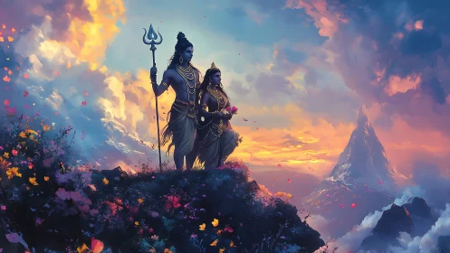 Divine silhouettes pause on a sky-brushed cliff at sunrise