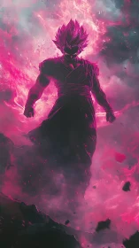 Silhouetted energy warrior in pink and dark storm field.