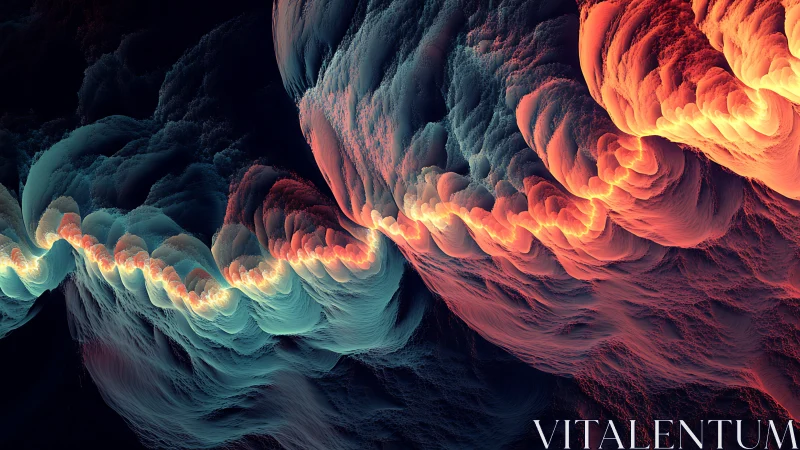 Fractal waves of teal and orange light in flowing motion.