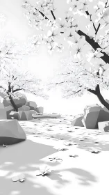 Minimalist cherry grove extends over bright stone riverbed