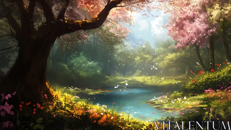 Blooming forest pond sits under dense spring foliage