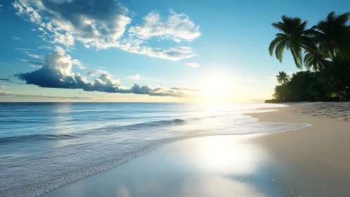 Gentle sunrise over a quiet tropical palm-lined shore.