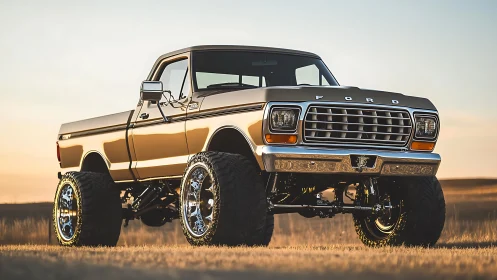 Sunset shine on a lifted classic Ford truck in the field.