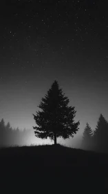 Solitary pine stands beneath a vast, star filled night sky
