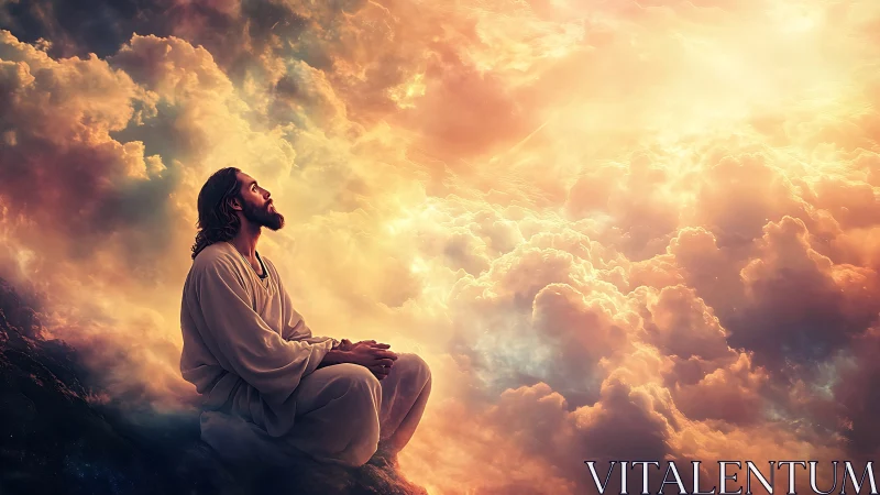 Solitary robed figure seated before dense glowing clouds.