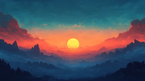 Digital landscape shows central sun over layered mountains