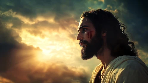 Contemplative robed figure gazes toward radiant sunset sky.