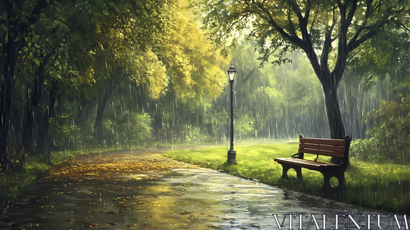 Rainfall accumulates on a park pathway beside a wooden bench
