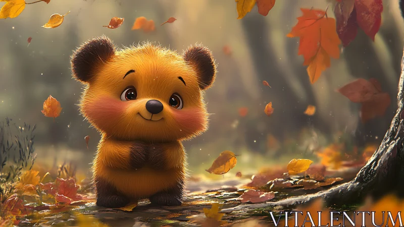 Digital bear character stands in autumn forest environment