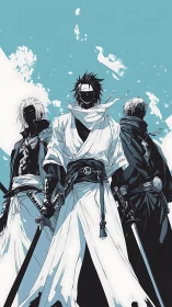 Storm-lit trio of masked ronin beneath an ink-split sky.