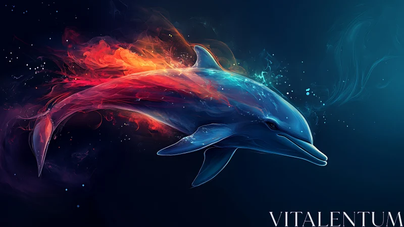 Neon dolphin glides through cosmic ocean of fire and light.