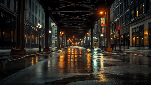 Rain-soaked elevated rail street with cinematic reflections.