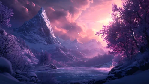 Snow-covered mountain rises above frozen river at sunset