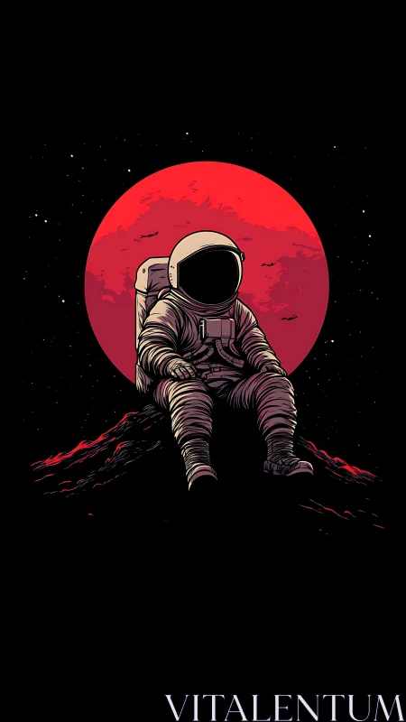 Lonely moonwalker slumps beneath a burning crimson planet