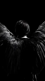 Back view of human figure with large black feathered wings