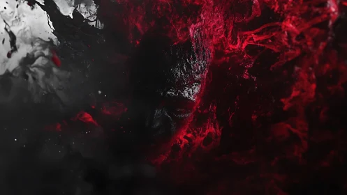 Dark human face emerging through high-contrast red fluid turbulence