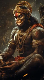 Hyperreal simian deity in ornate gold regalia, seated calmly