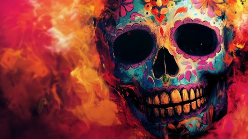 Vibrant sugar skull blazes through swirling festival flames
