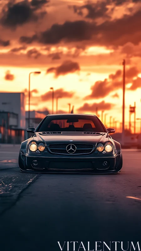 Lowered black Mercedes coupe parked on street at sunset