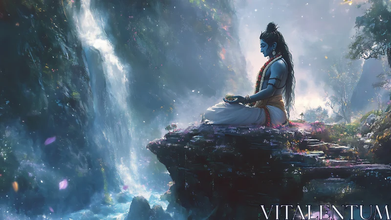 Blue-skinned figure meditates on cliff beside tall waterfall