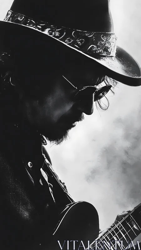 Silhouetted guitarist in hat under dramatic monochrome light.