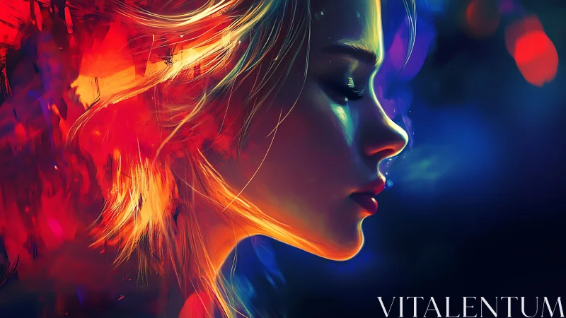 Profile portrait of woman in vivid neon red and blue light.