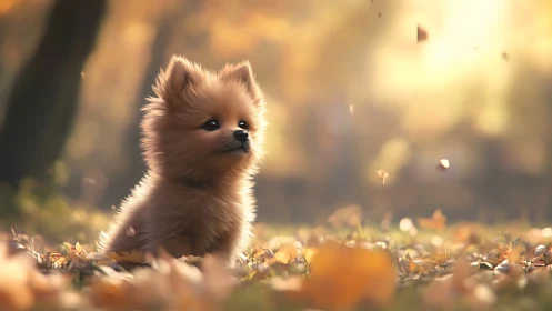 Autumn backlit Pomeranian puppy in shallow depth-of-field forest.