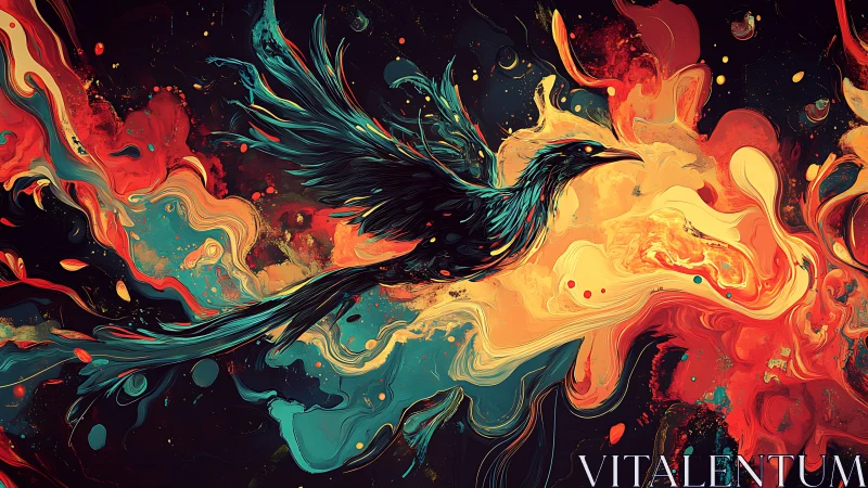 Soaring cosmic bird cuts through swirling neon fire