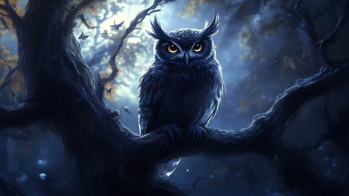 Moonlit owl on twisted branch in glowing forest night.