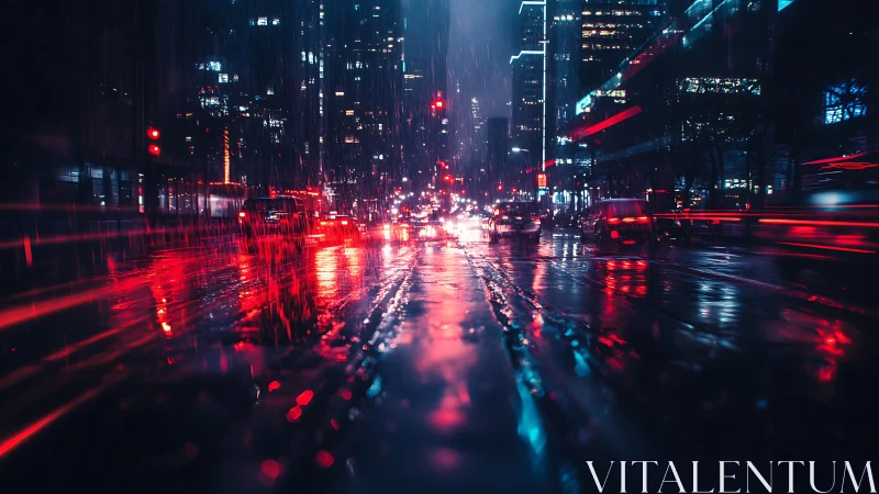 Cyberpunk rain-soaked avenue with neon vehicular light trails.