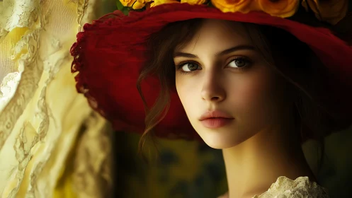 Vintage portrait beauty in red hat under soft golden light.