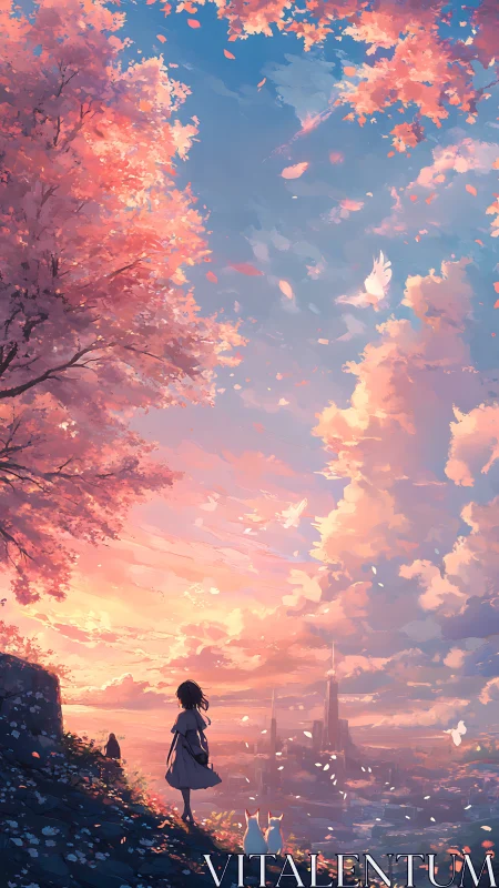 Backlit girl surveys luminous city beneath volumetric sunset sky