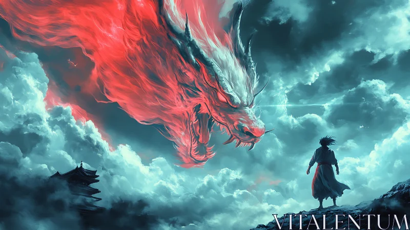 Red spectral dragon confronting lone figure in clouds.