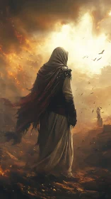 Cinematic digital painting of robed wanderer in burning wasteland.