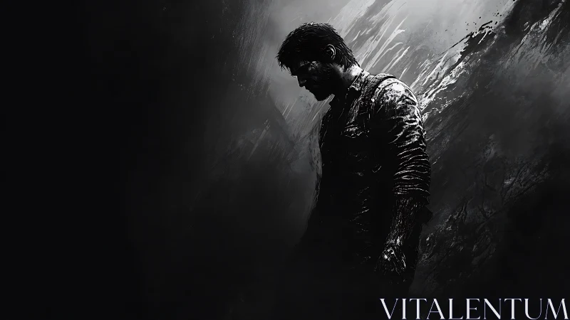 Solitary warrior in shadowy grayscale stormscape profile.